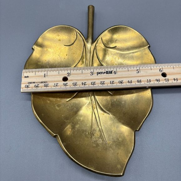 Vintage Solid Brass Etched Leaf Trinket Dish MCM Decorative Tray Boho Art Deco - Picture 6 of 7